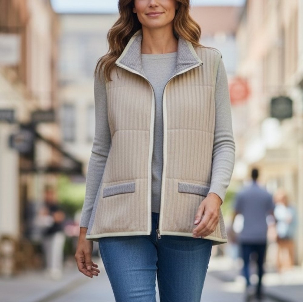 St. John Womens S Wool Knit Gray‎ Beige Zip Vest Quilted Neutral Minimal Capsule